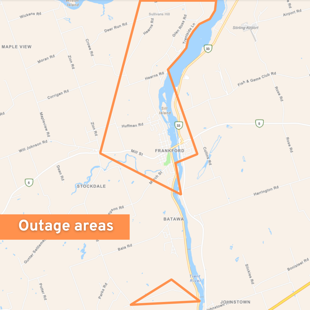 Map indicating the areas that will be without power on June 4 in and around Frankford