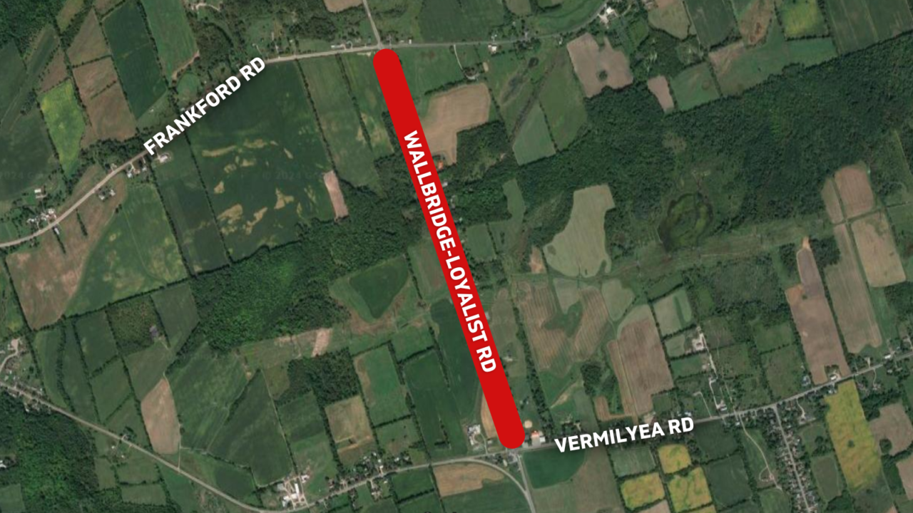 Aerial map of Wallbridge-Loyalist Road showing the closure area from Vermilyea Road to Frankford Road