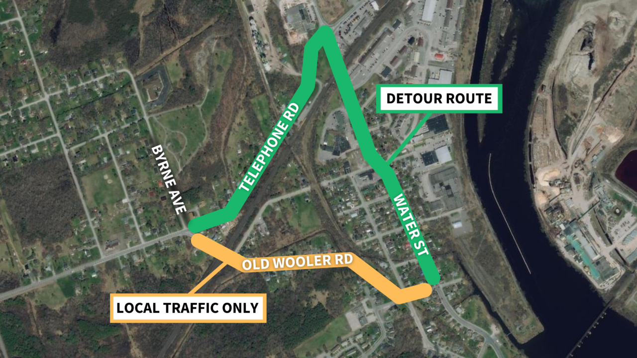 Map outlining a road closure area (Old Wooler Road) and detour route via Water Street